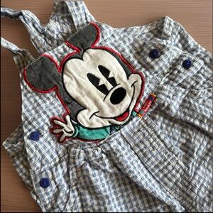 Vintage 90s Baby Mickey Short Overalls Gingham Blue White Plaid Size 18 Months